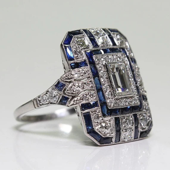 Anillo Vintage de Plata con Diamantes y Zafiros en Estilo Art Déco