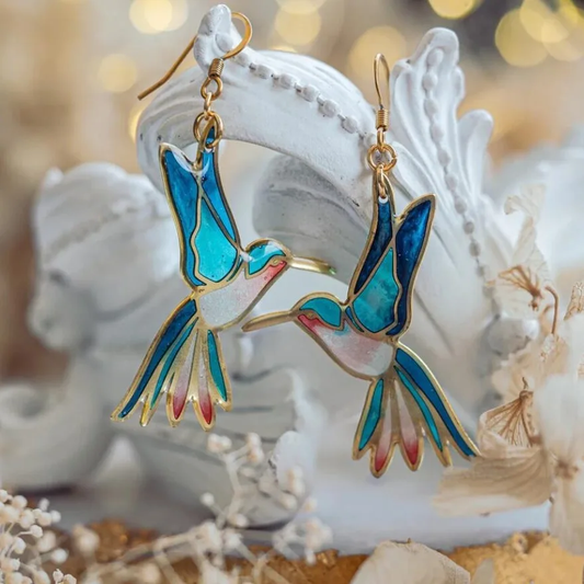 Pendientes de esmalte de colibrí hechos a mano azul rosa verde