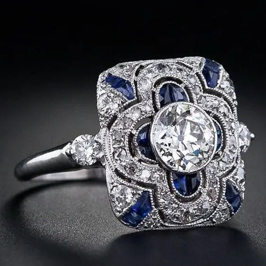 Anillo Art Déco de Plata con Circonia Cúbica Azul