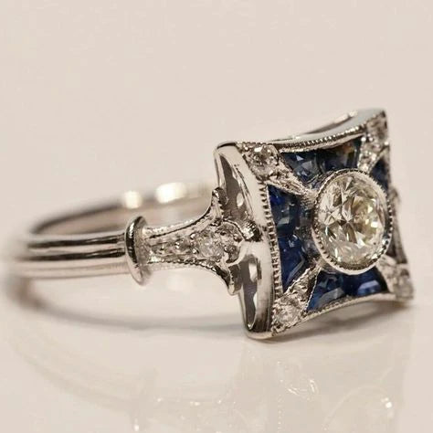 Anillo Vintage Cuadrado con Zirconia Cúbica Azul