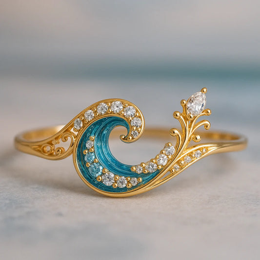 Anillo de Ola Marina con Esmalte Azul y Cristales