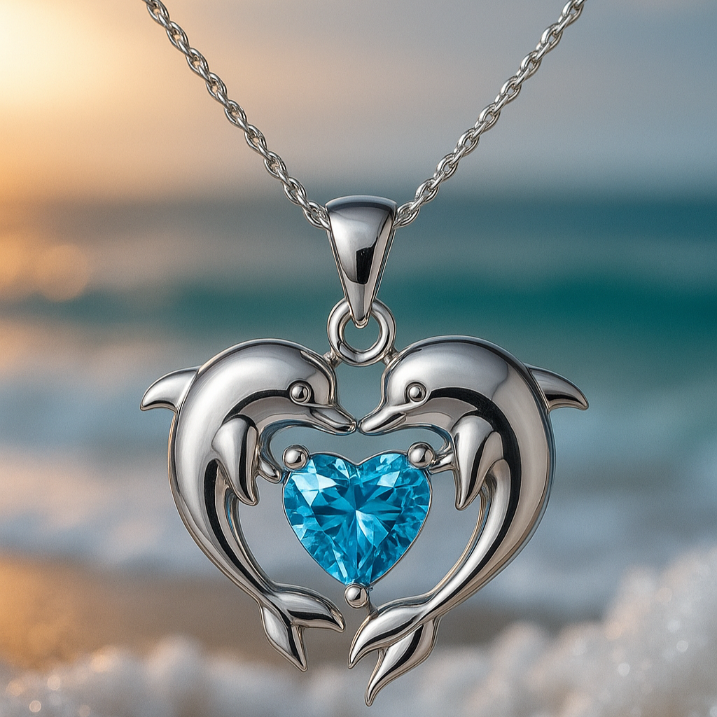 Collar de corazón de delfín con colgante de topacio azul brillante