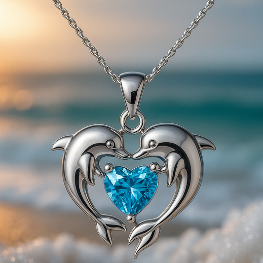 Collar de corazón de delfín con colgante de topacio azul brillante