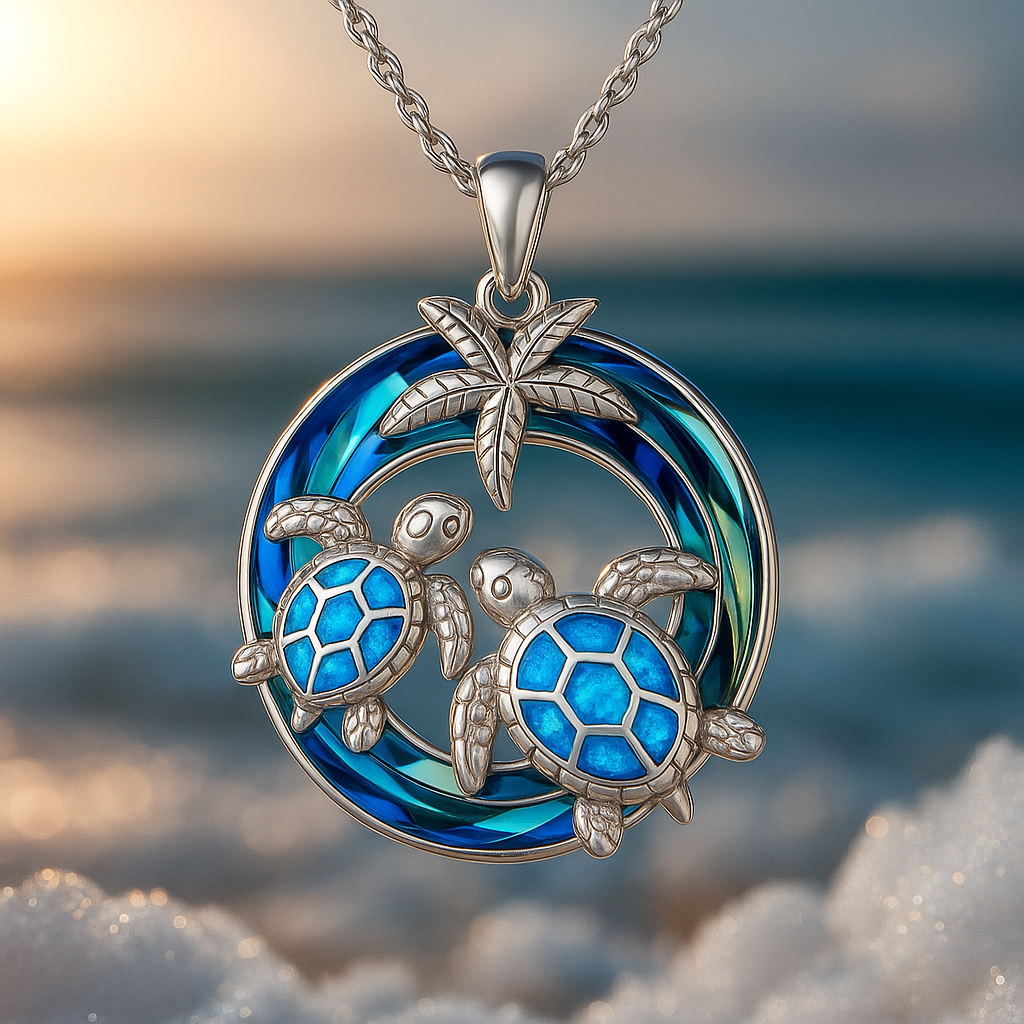 Collar de tortuga de ópalo con motivo de palmera en un círculo oceánico