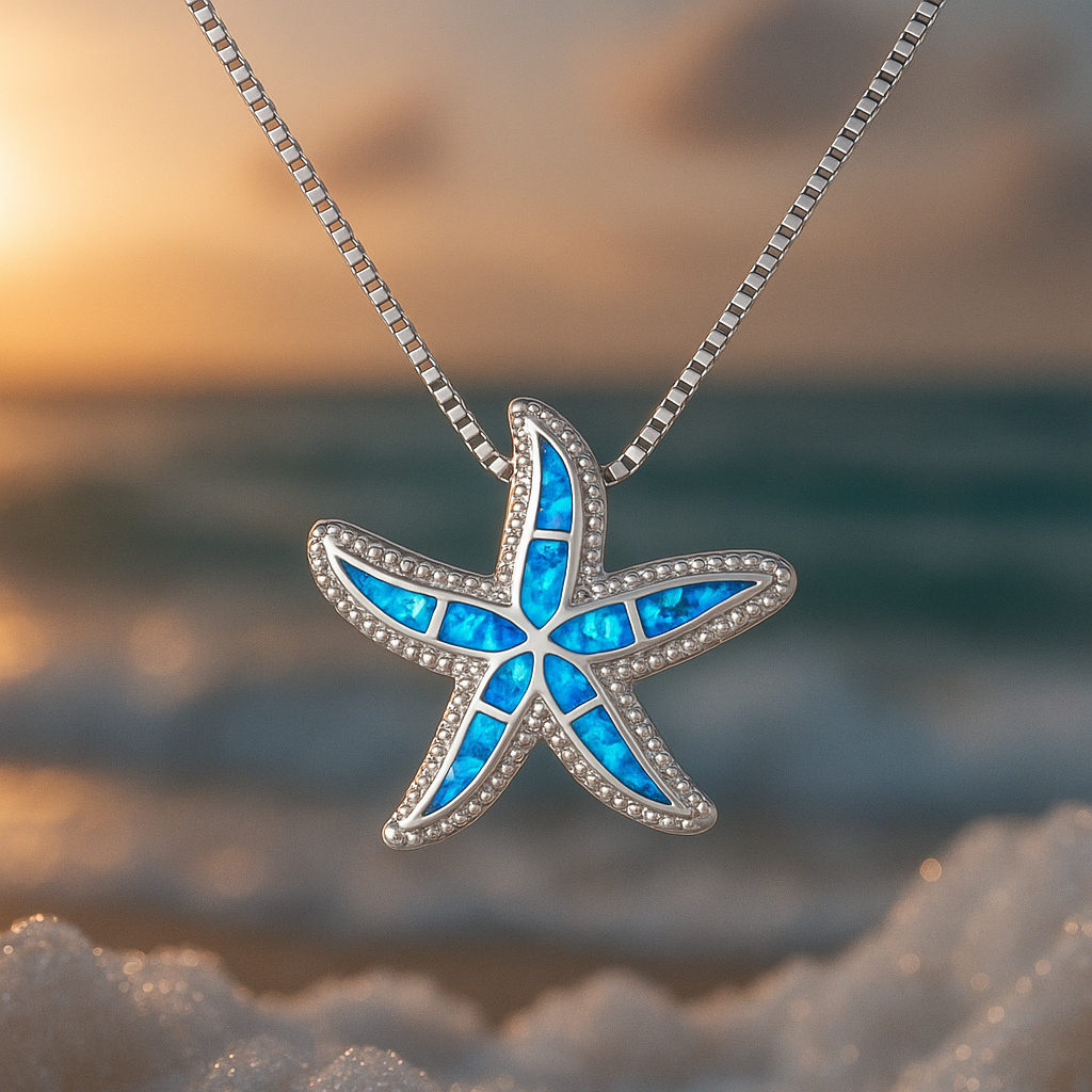 Collar de estrella de mar brillante con detalles en azul opalescente