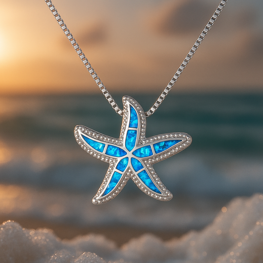 Collar de estrella de mar brillante con detalles en azul opalescente