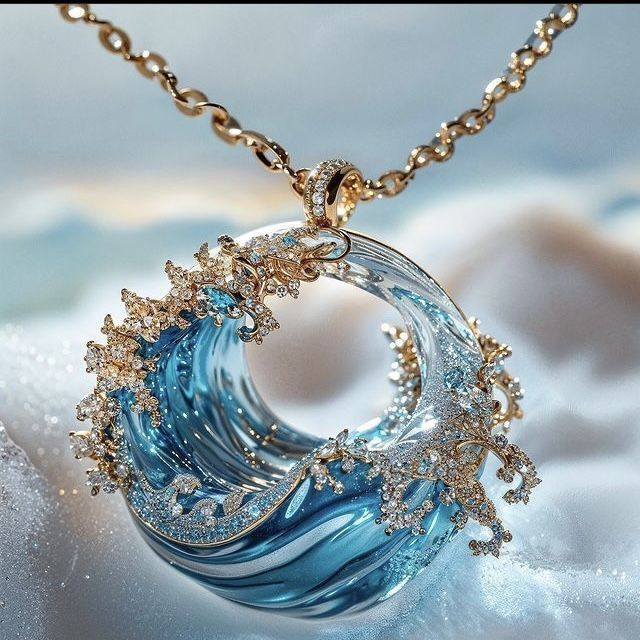 Collar único de olas del océano con brillantes cristales de aguamarina