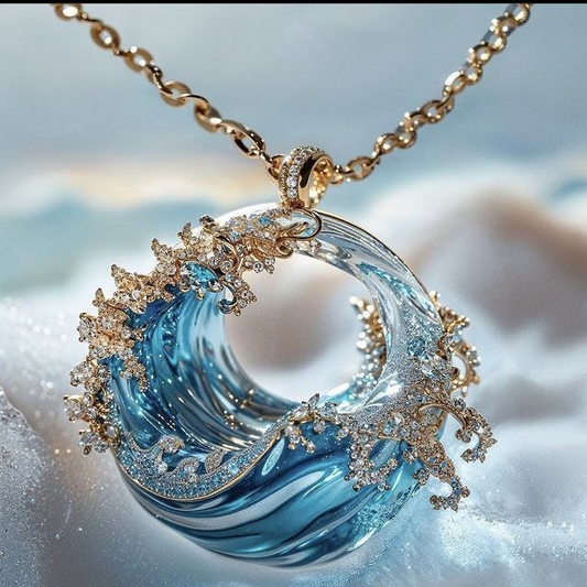 Collar único de olas del océano con brillantes cristales de aguamarina