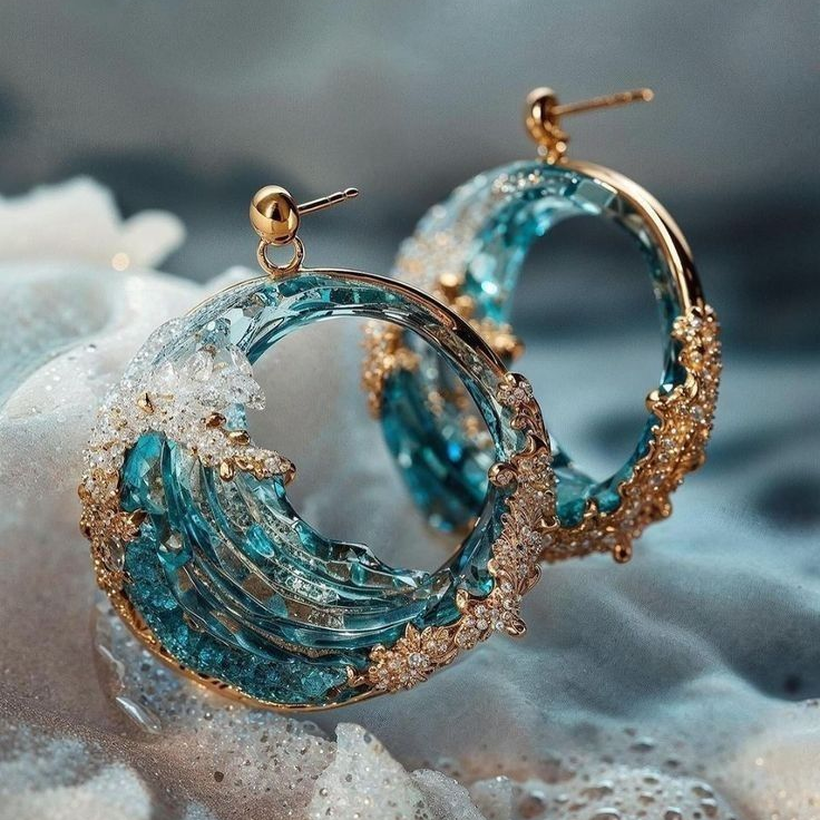 Pendientes brillantes de olas del océano hechos de vidrio y cristales