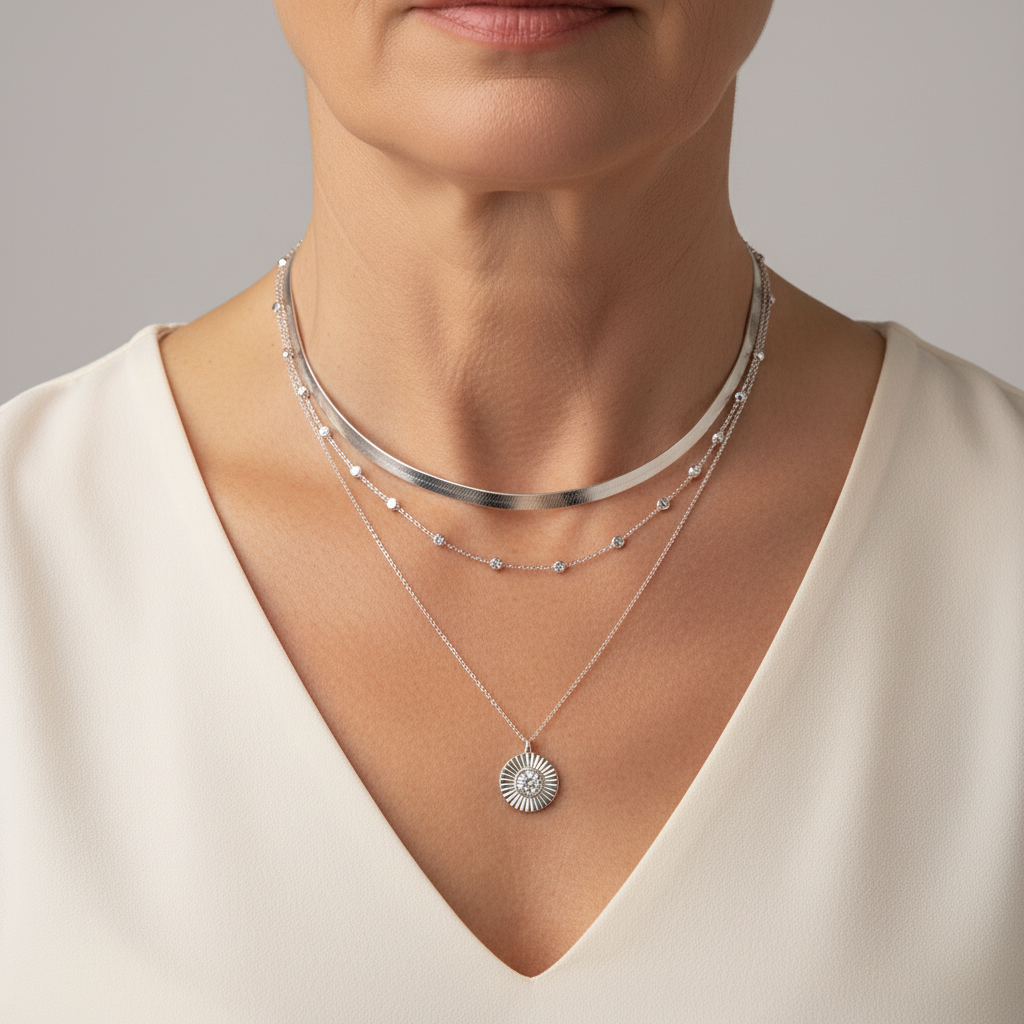 Elegante collar con efecto de capas de circonitas y colgante de sol