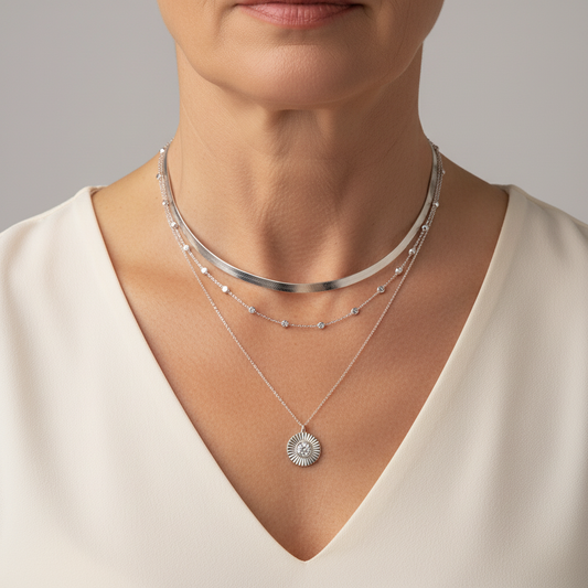 Elegante collar con efecto de capas de circonitas y colgante de sol