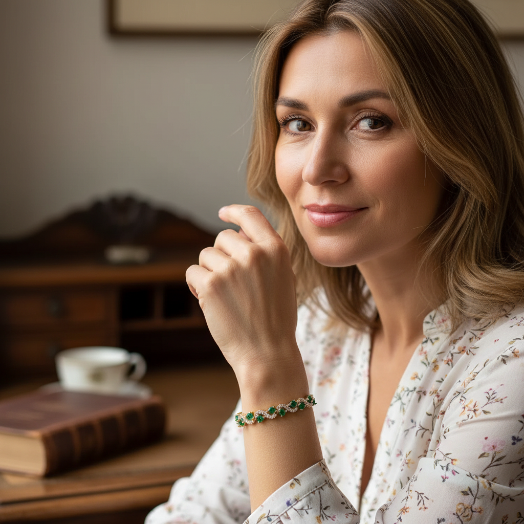 Pulsera de circonitas cúbicas de color verde esmeralda brillante con un elegante diseño de ondas