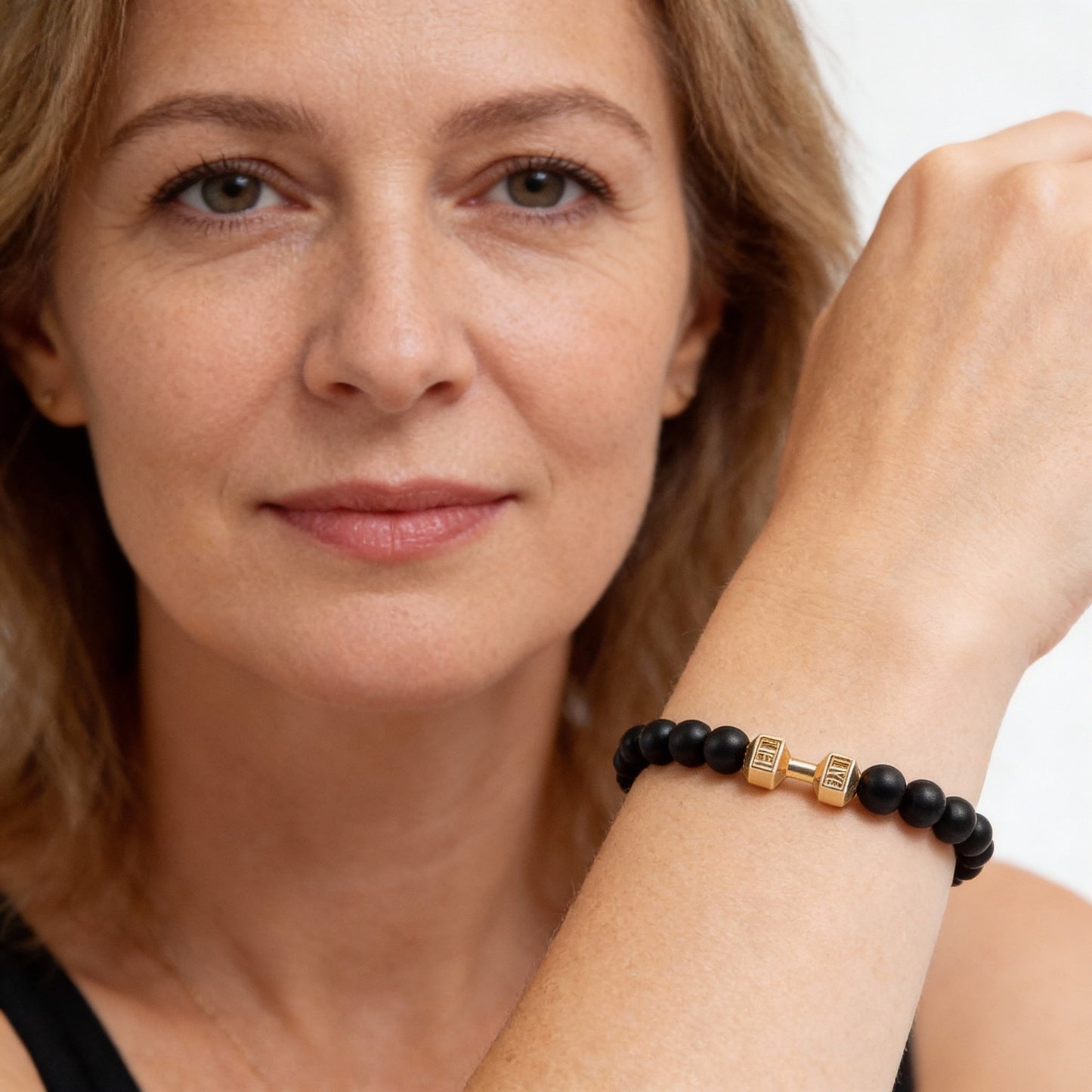 Pulsera fitness con mancuernas de ónix, turquesa o piedra de lava para hombre