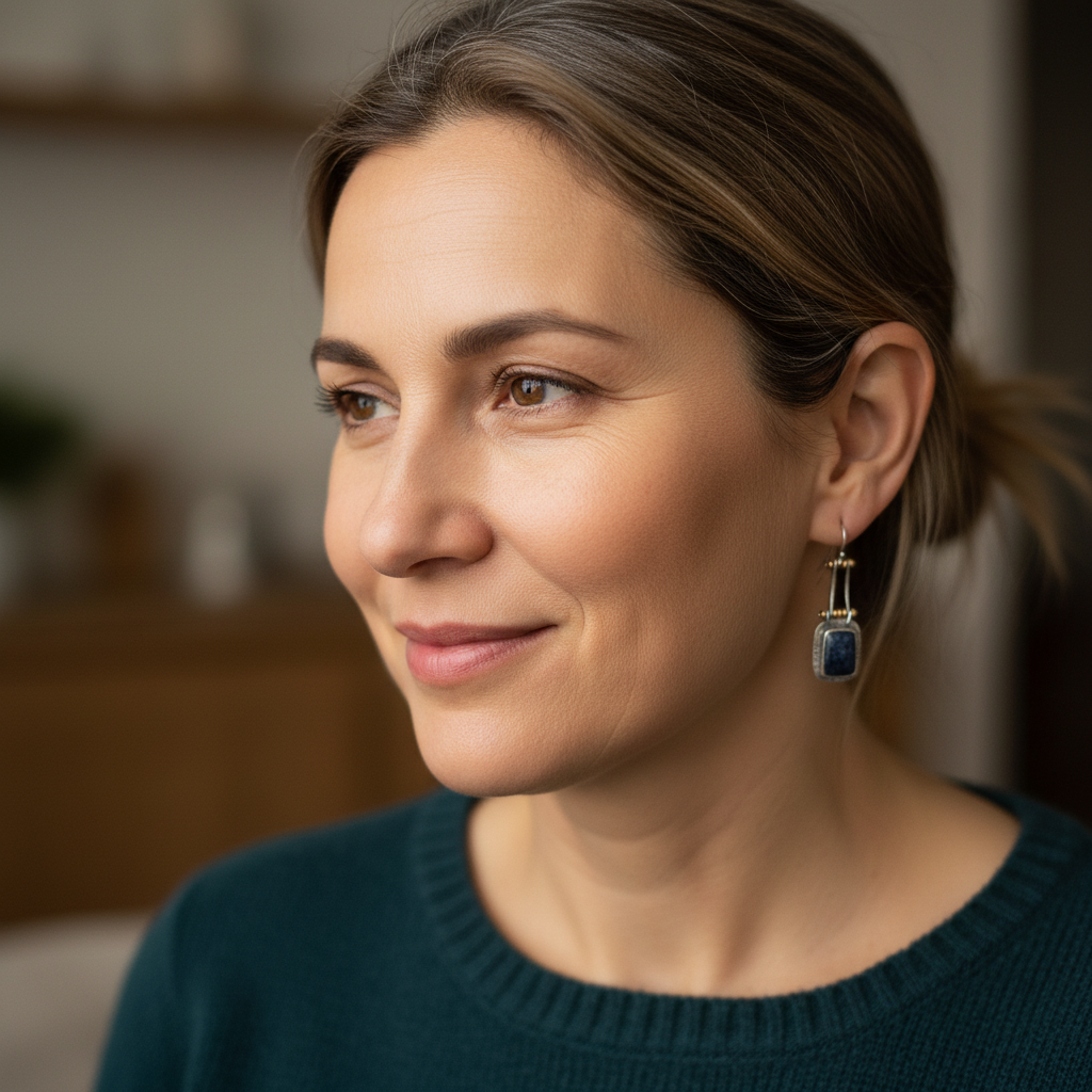 Pendientes rústicos con piedra gris oscuro y detalles dorados