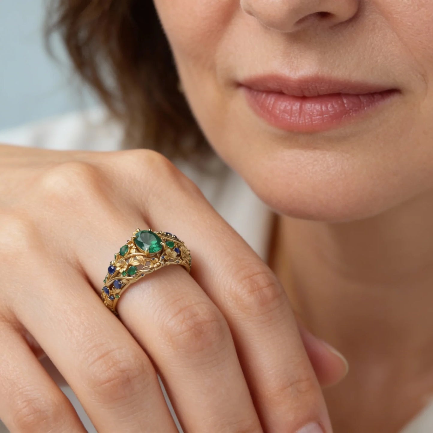 Anillo Floral de Lujo con Cristales Verdes y Azules