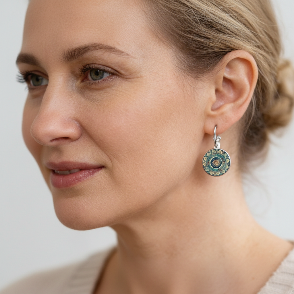Pendientes de mandala redondos vintage con detalles en turquesa y oro