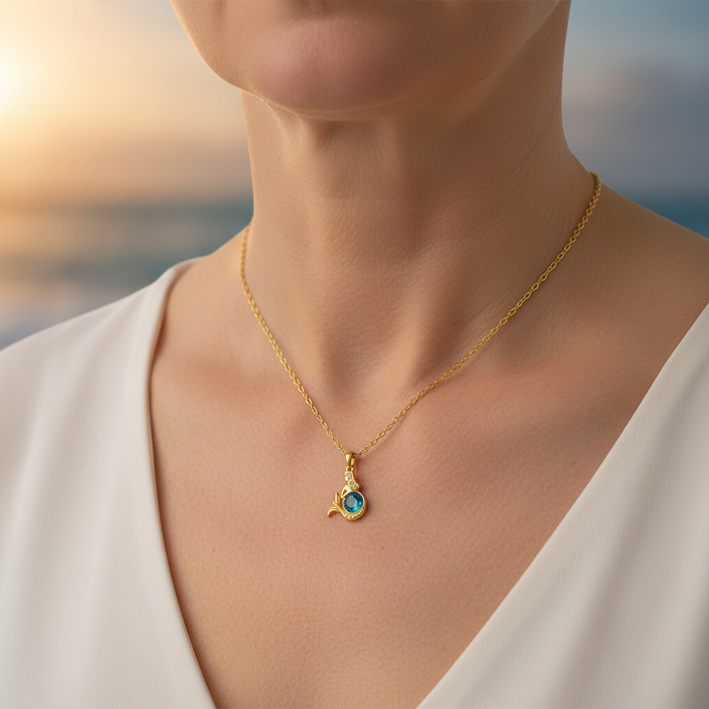 Collar de sirena de cuento de hadas con cristal azul brillante