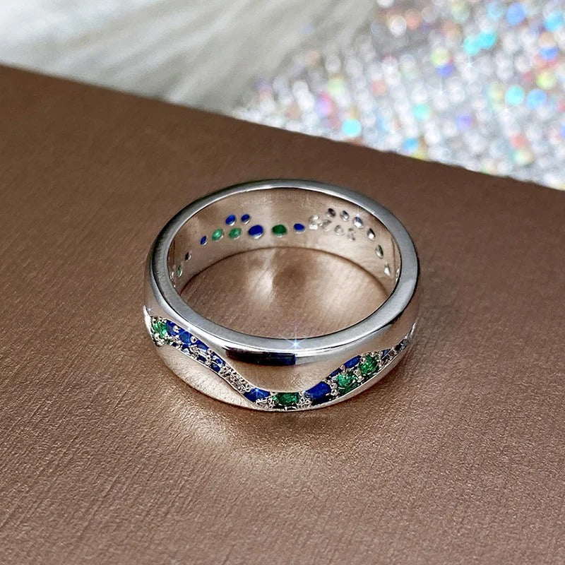 Anillo Vintage de Acero Inoxidable con Cristales Azules y Verdes