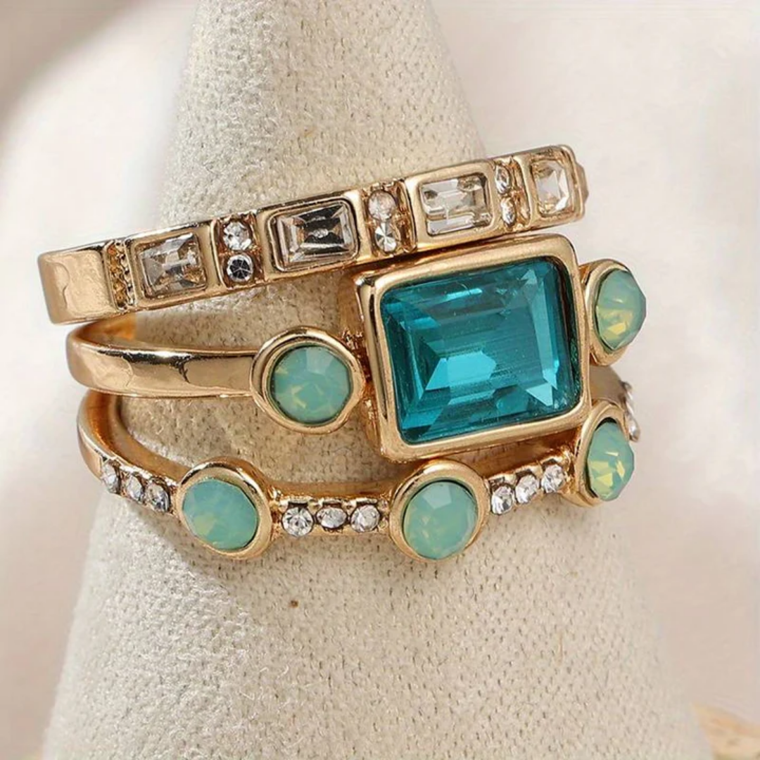 Conjunto de anillos vintage con cristales azules