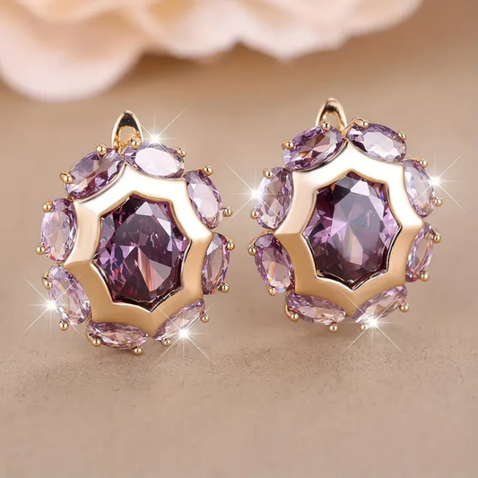 Pendientes elegantes con circonitas moradas octogonales y ovaladas