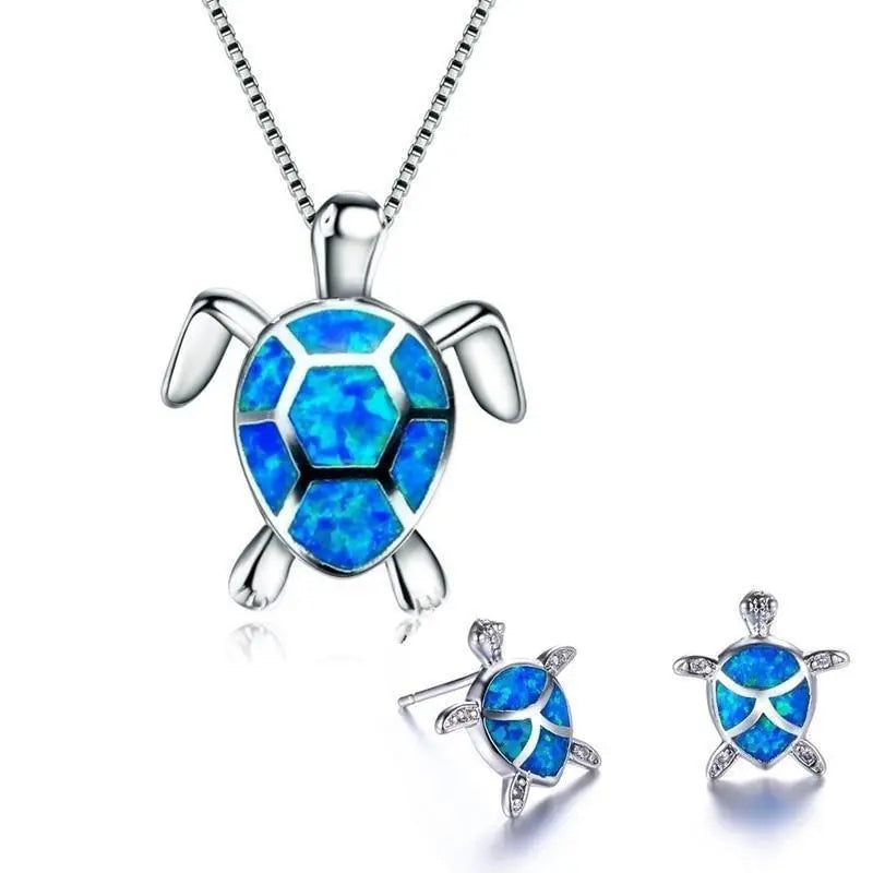 Conjunto de joyas de tortuga de ópalo con collar estilo mar y pendientes