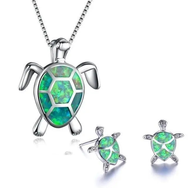 Conjunto de joyas de tortuga de ópalo con collar estilo mar y pendientes