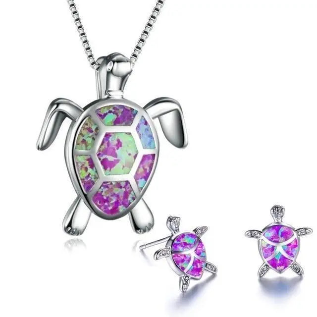 Conjunto de joyas de tortuga de ópalo con collar estilo mar y pendientes