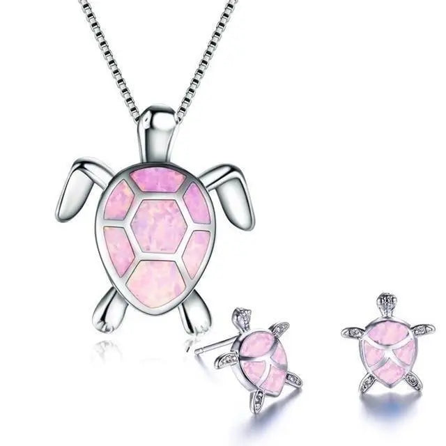 Conjunto de joyas de tortuga de ópalo con collar estilo mar y pendientes