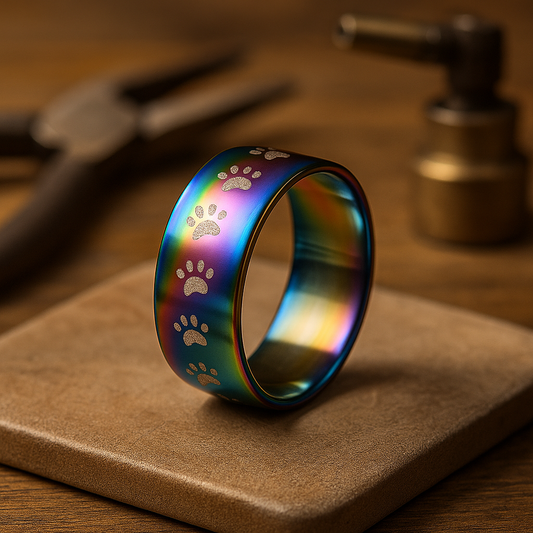Anillo artesanal de acero inoxidable con huella de pata de arcoíris